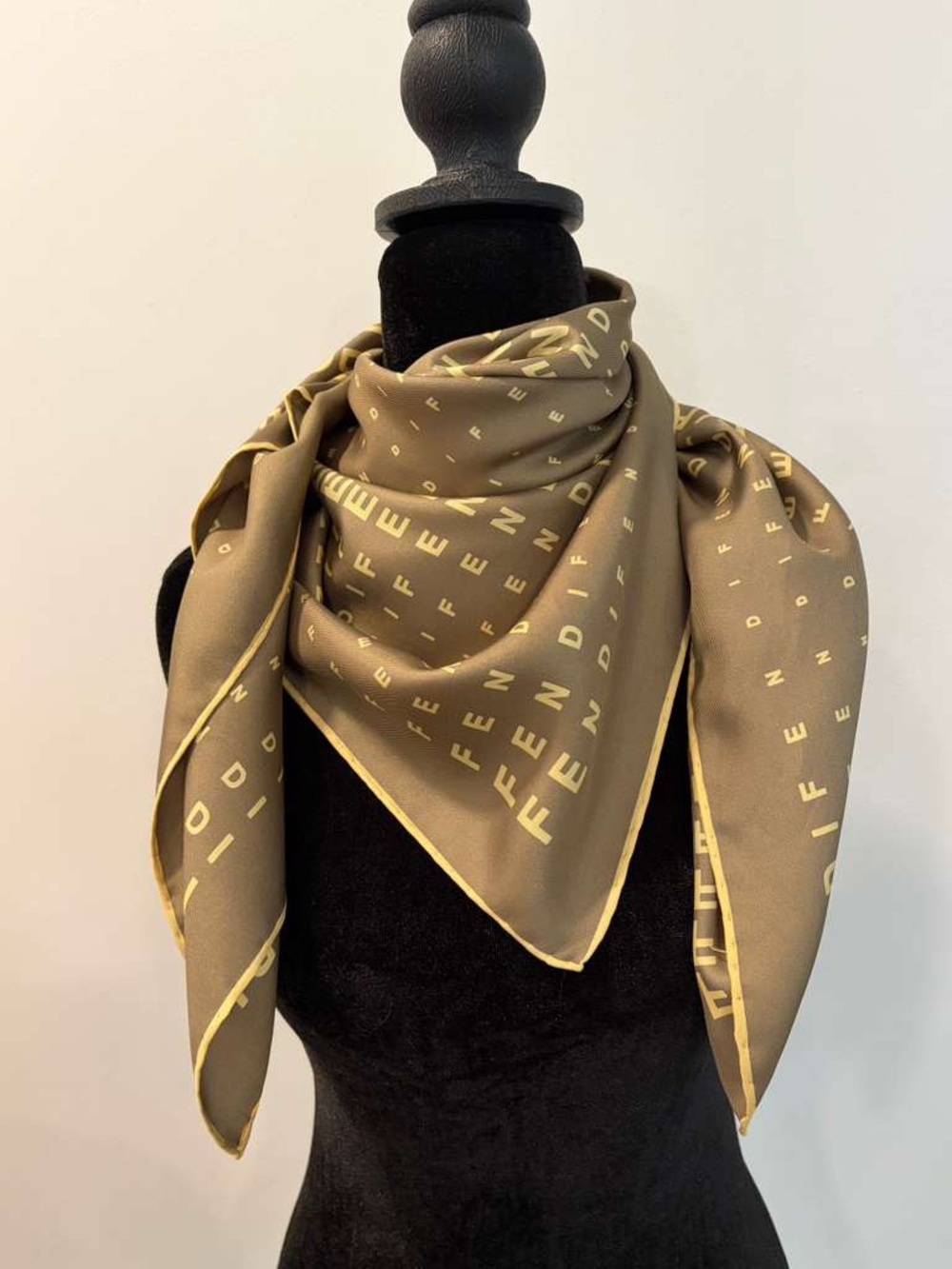 Fendi Silk Scarf Brown Beige Logo Print Hand Rolled Made in Italy